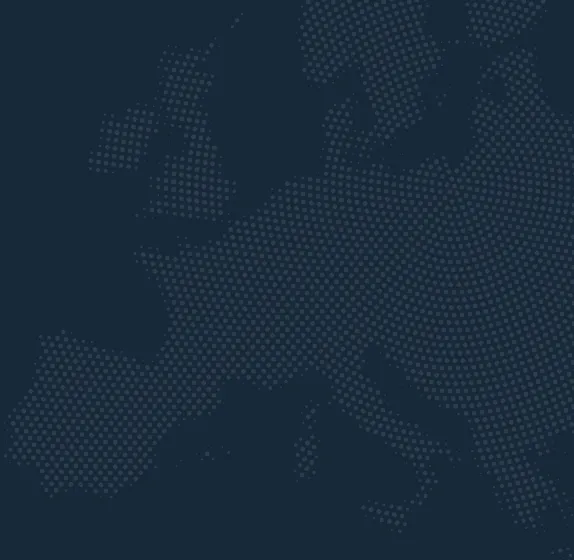 Punktmuster, das die geografische Form Europas auf dunkelblauem Hintergrund zeigt.