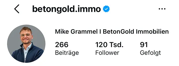 Instagram-Profil von BetonGold Immobilien, Kunde von Teaching Socials