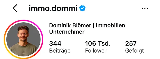 Instagram-Profil von Immo Dommi, Kunde von Teaching Socials