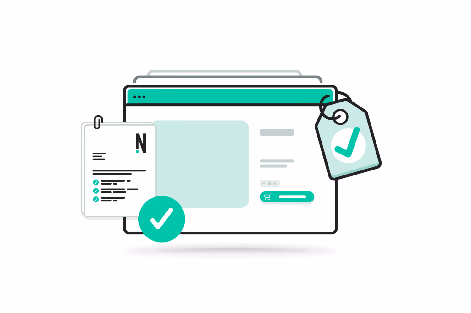 Darstellung eines Webbrowser-Fensters mit einer Warenkorb-Schaltfläche, einer Checkliste mit einer Büroklammer auf der linken Seite und einem Preisschild mit einem Häkchen auf der rechten Seite, was für einen verifizierten oder genehmigten Online-Einkauf bzw. eine Analyse steht.
