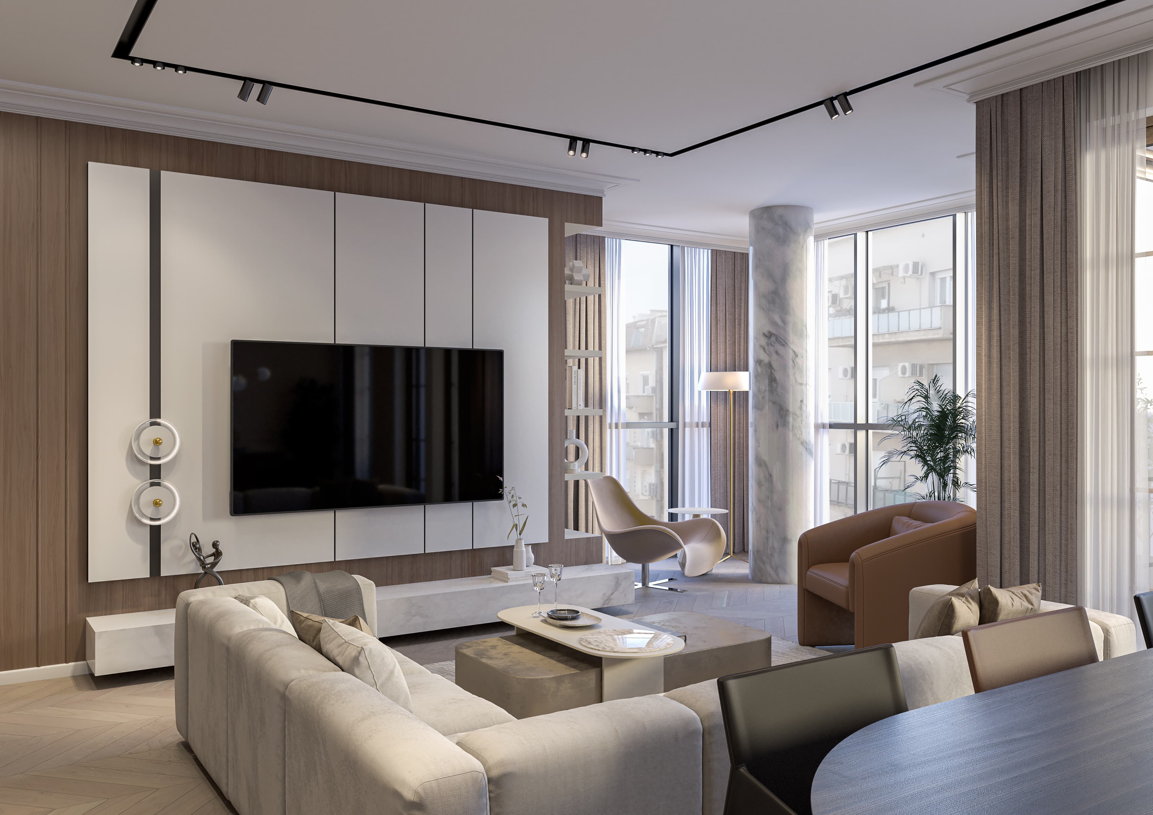 Large luxury interior with fireplace