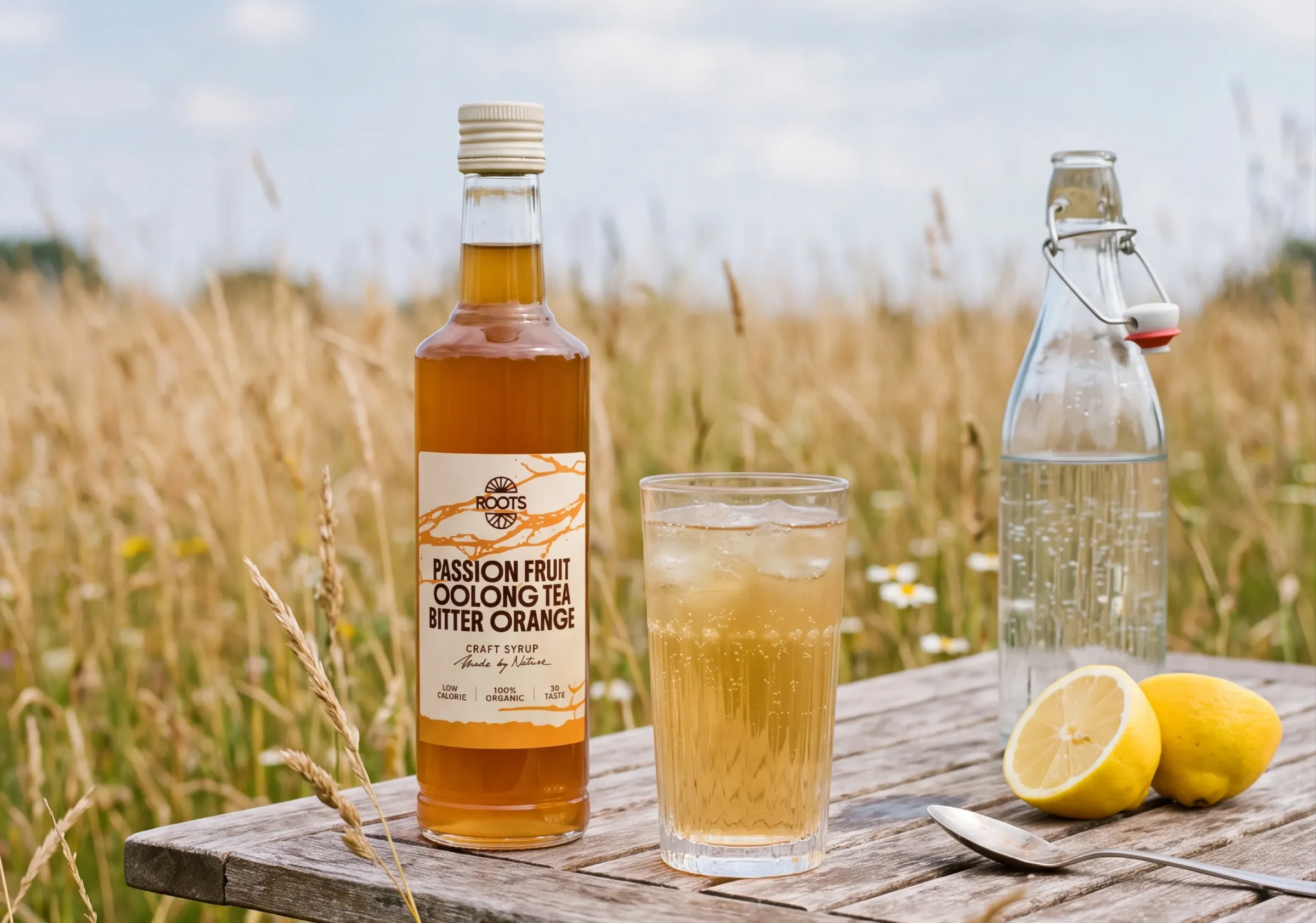 Fles Roots Passion Fruit Oolong Tea met een glas limonade op een houten tafel