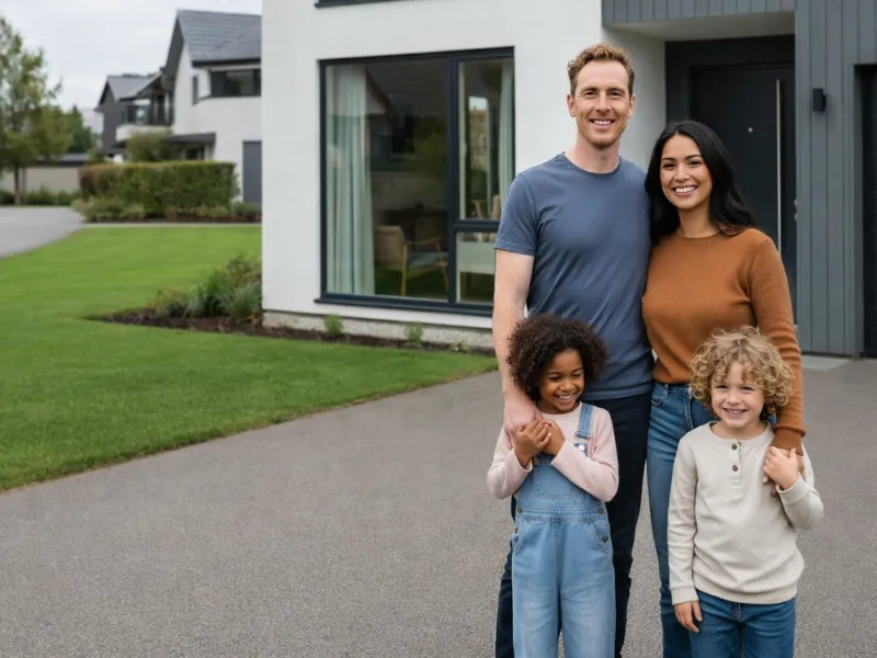 Happy family in front of their new home - Capitis Private Mortgage
