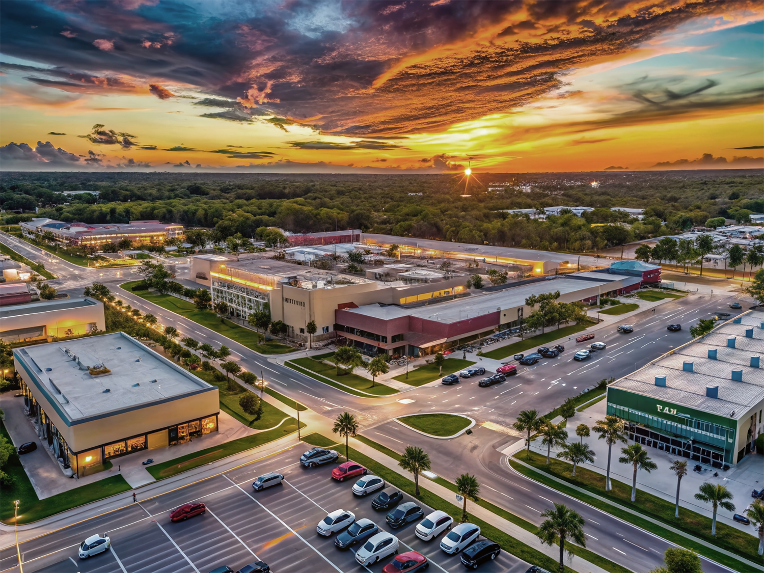 Aerial view of a commercial area at sunset with multiple buildings, parking lots with cars, palm trees, and roads under a partly cloudy sky with dramatic sunset colors.