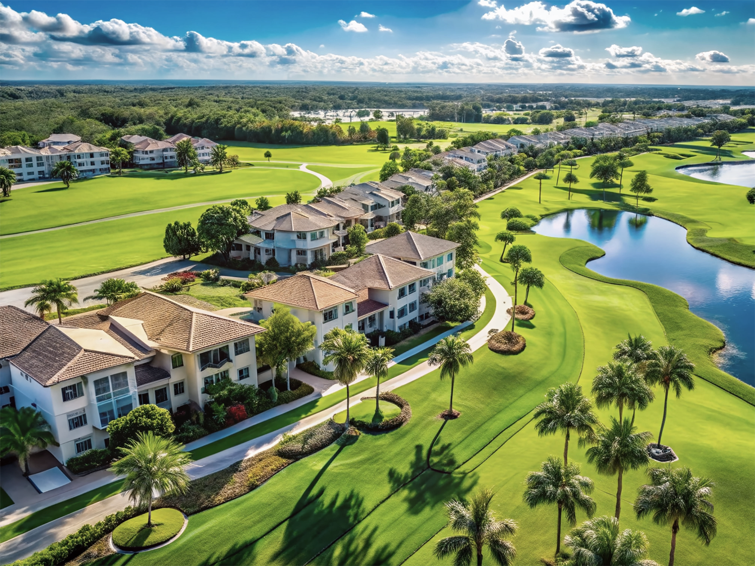 Aerial view of a residential community adjacent to a lush golf course with manicured green fairways, palm trees, walking paths, water hazards, and multi-story buildings with beige roofs under a partly cloudy sky.