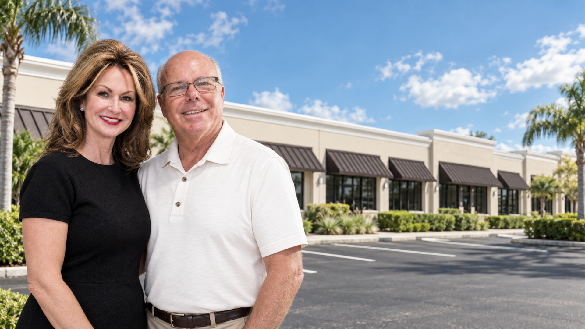 A smiling woman with wavy hair wearing a black short-sleeve dress stands next to a man with glasses, wearing a white polo shirt and beige pants, in front of a building with awnings and palm trees under a partly cloudy blue sky.
