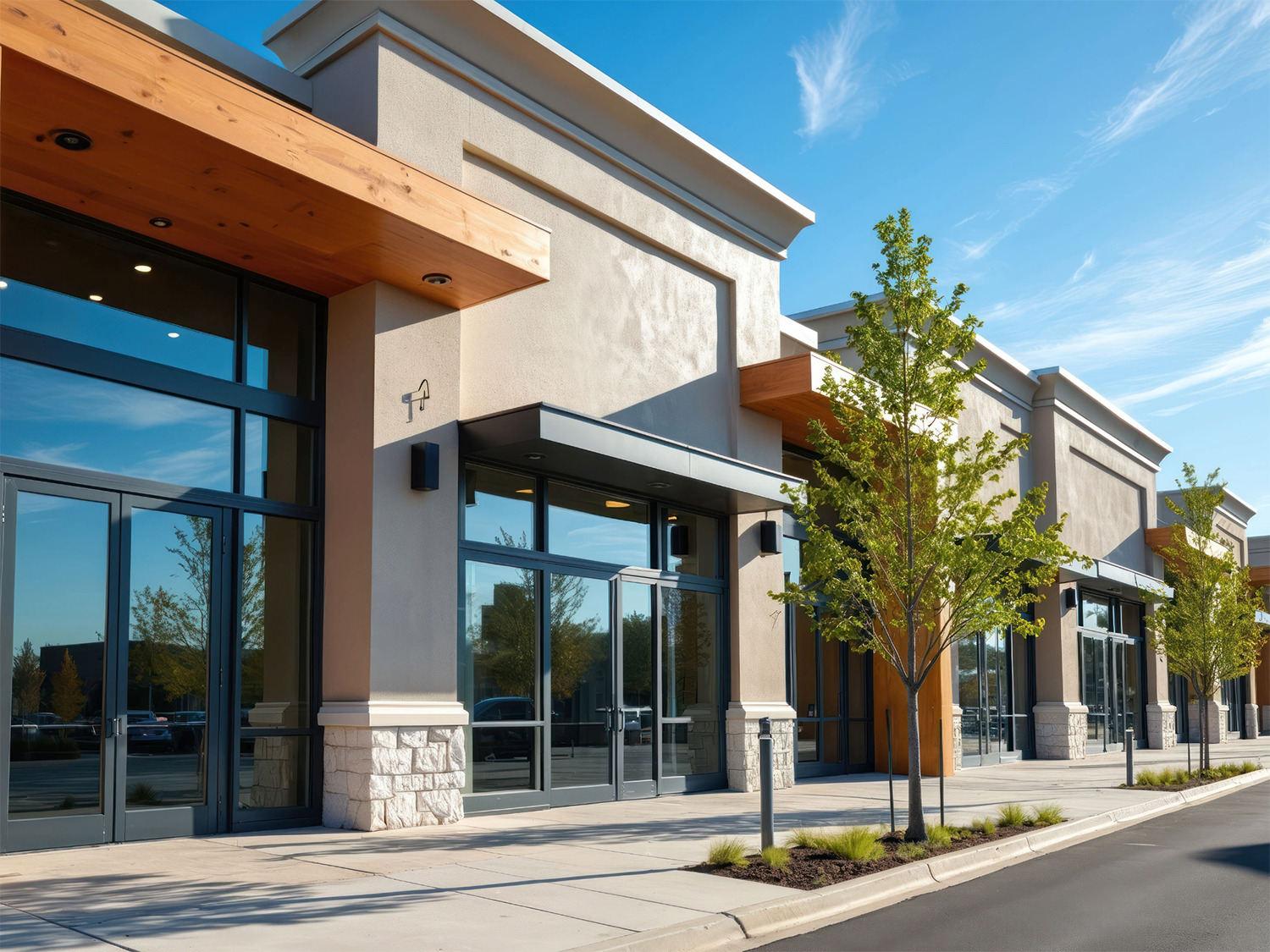 Row of modern commercial retail storefronts with large glass doors and windows, stone accents, wooden awnings, young trees planted in landscaped beds, under a clear blue sky.