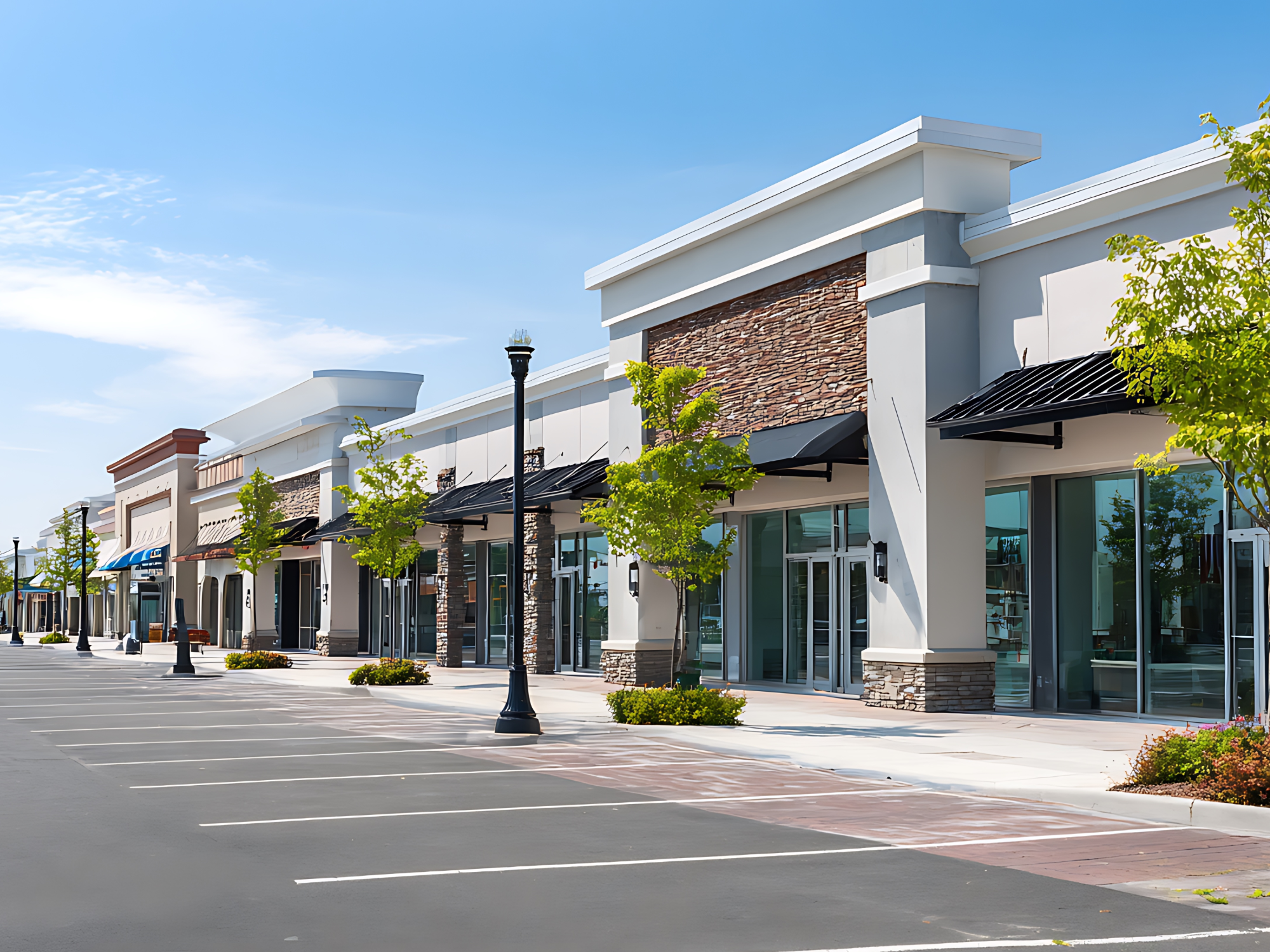 Empty parking lot in front of a row of modern retail shops with large windows, awnings, and young trees on a clear sunny day.