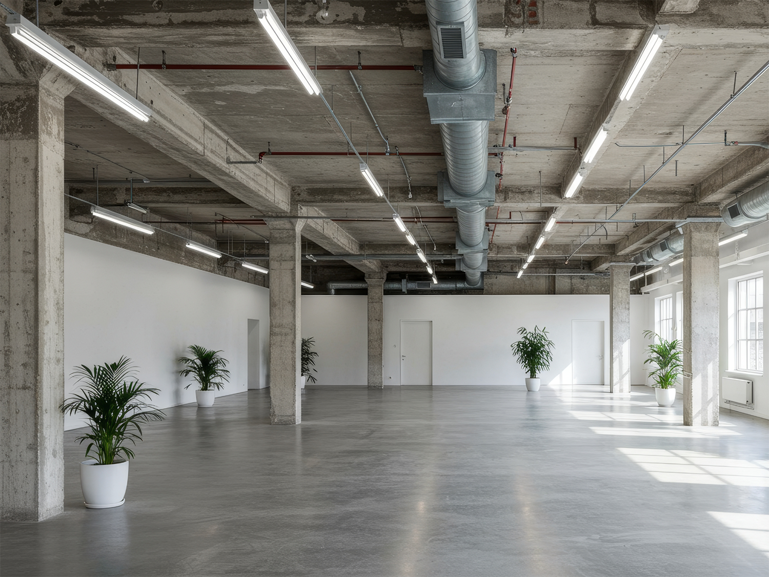 Spacious industrial-style interior with exposed concrete beams and ceiling ducts, polished concrete floor, white walls, and large windows letting in natural light, decorated with several potted green plants.
