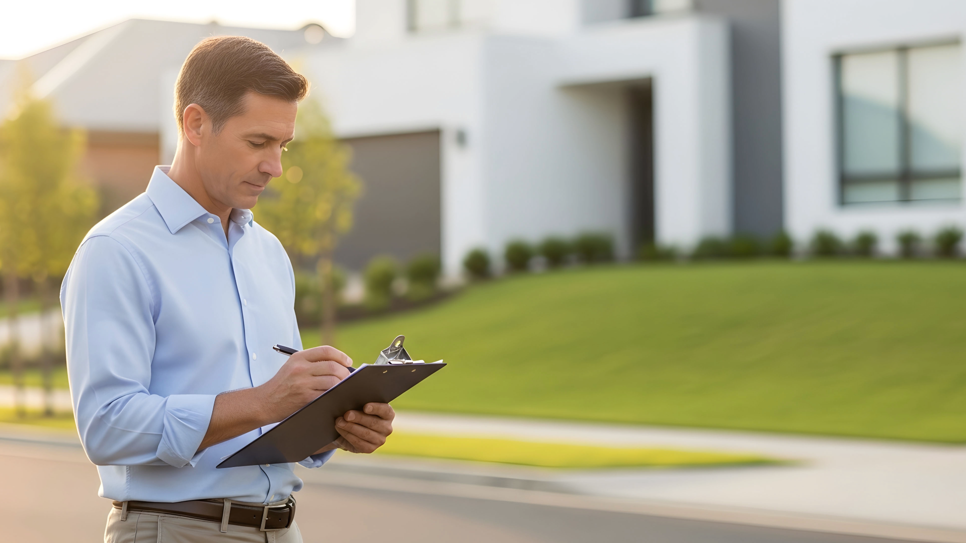 A man in a light blue shirt and khaki pants stands outdoors in front of a modern house, writing on a clipboard.