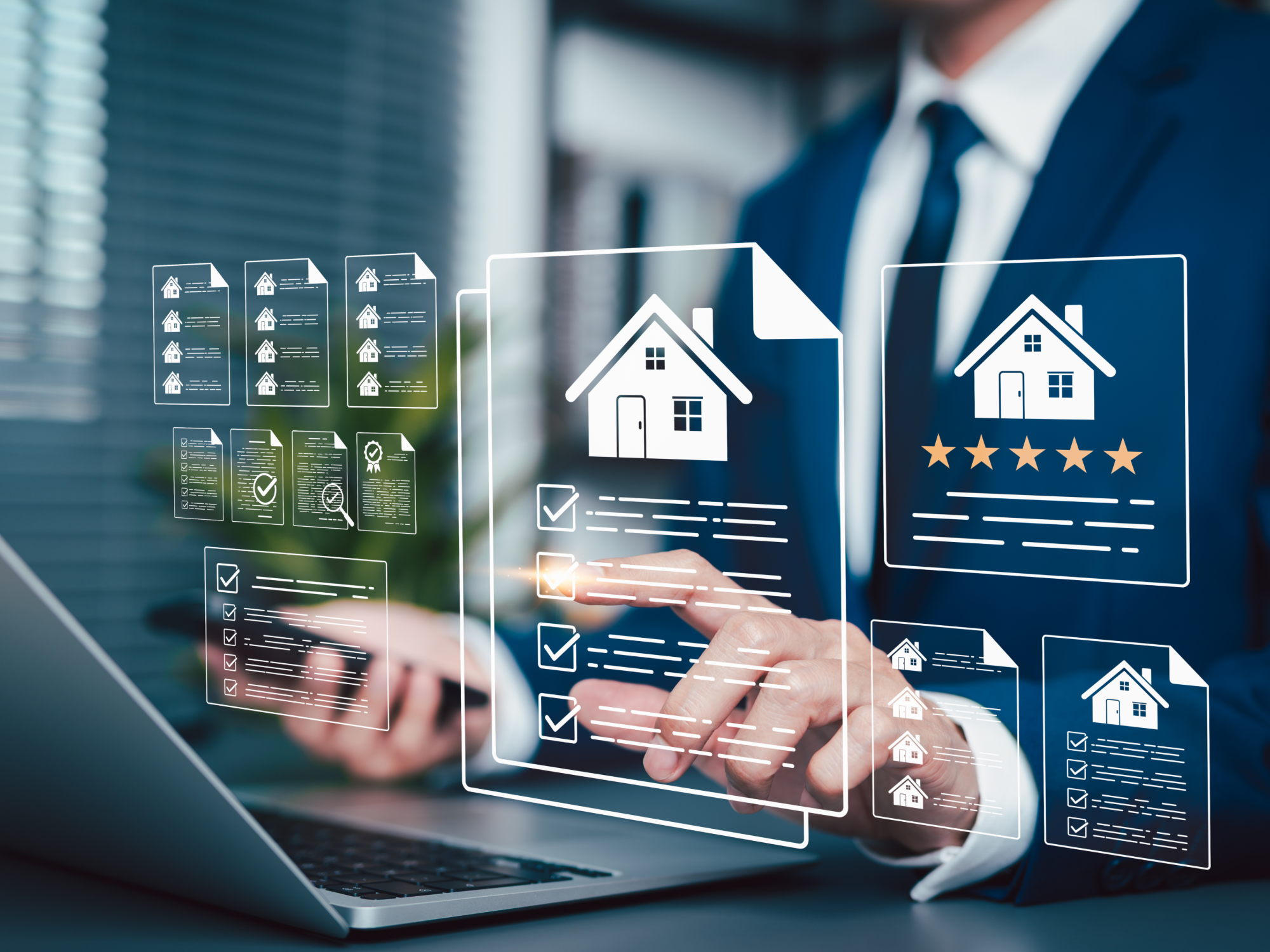 Businessman in a suit interacting with a laptop, surrounded by digital icons and documents related to real estate, including houses, checklists, and a five-star rating.