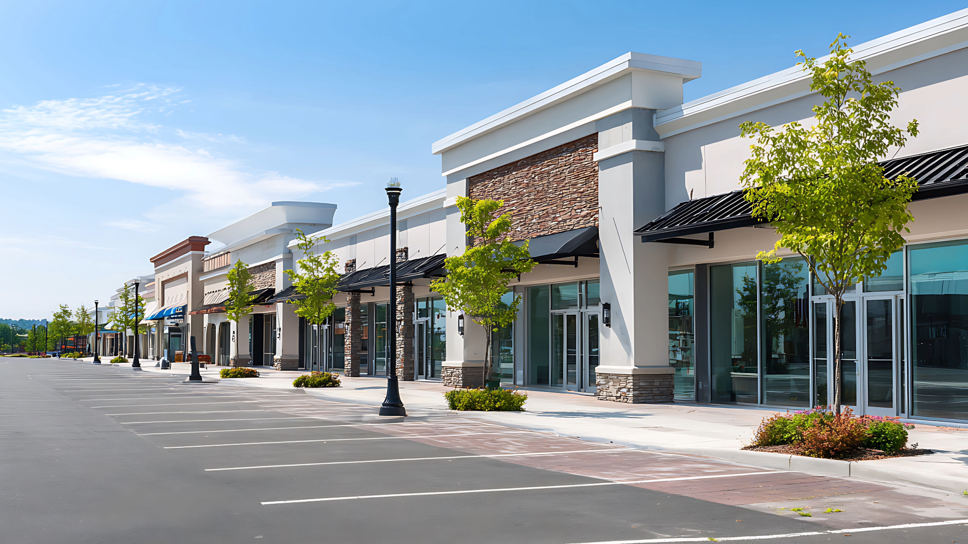 Empty parking lot in front of a modern shopping center with large glass storefronts, stone and stucco facades, black awnings, street lamps, and small trees along the sidewalks under a clear blue sky.