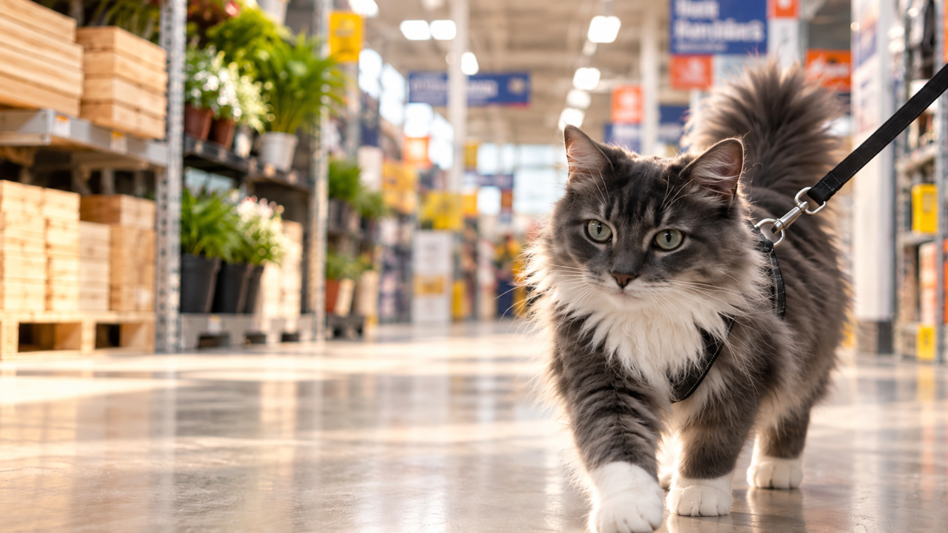 Gray and white fluffy cat wearing a black harness and leash walking inside a store aisle with shelves holding plants and wooden items.