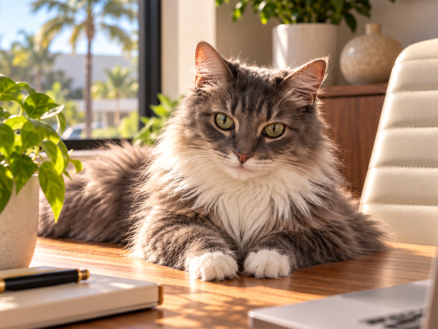 Gray and white long-haired cat with green eyes lying on a wooden desk with sunlight, next to a laptop, notebook, pen, and a potted plant, with blurred palm trees visible through a window in the background.