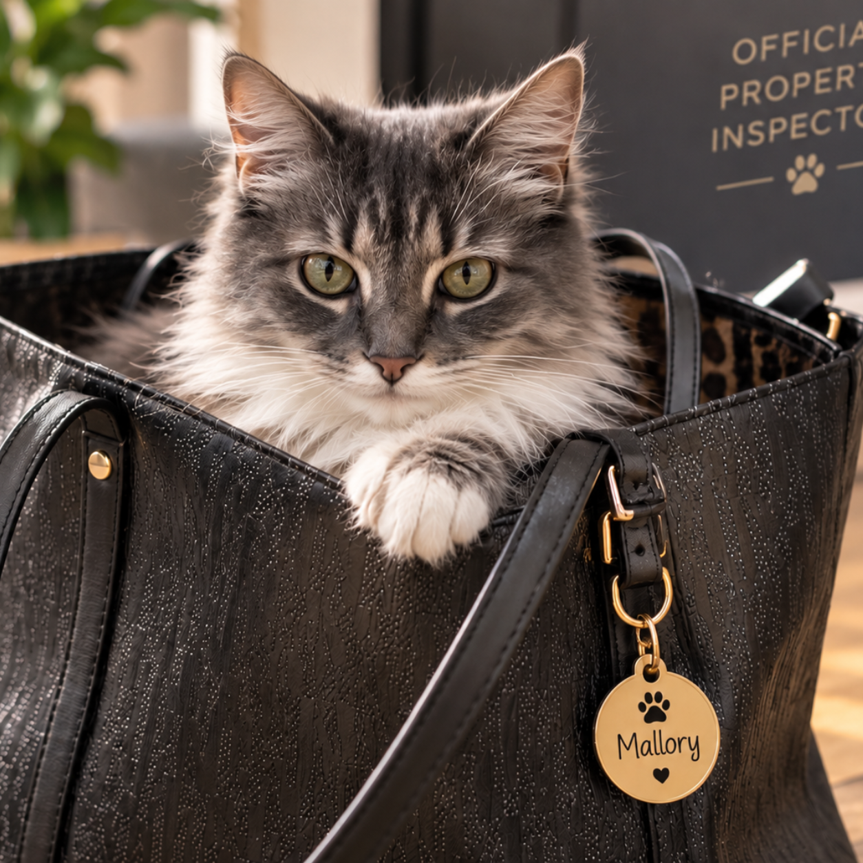 Fluffy gray and white cat with green eyes resting inside a black textured handbag with a gold tag that reads 'Mallory' and features a paw print and heart symbol.
