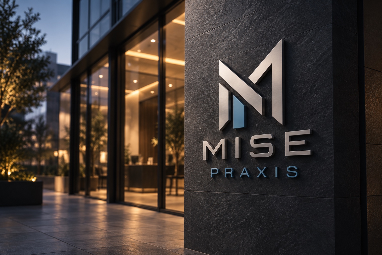 Architectural illustration featuring the MISE Praxis identity.
