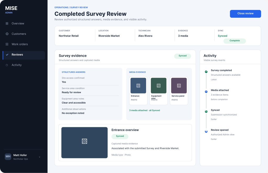 MISE Command completed survey review screen using synthetic staging data