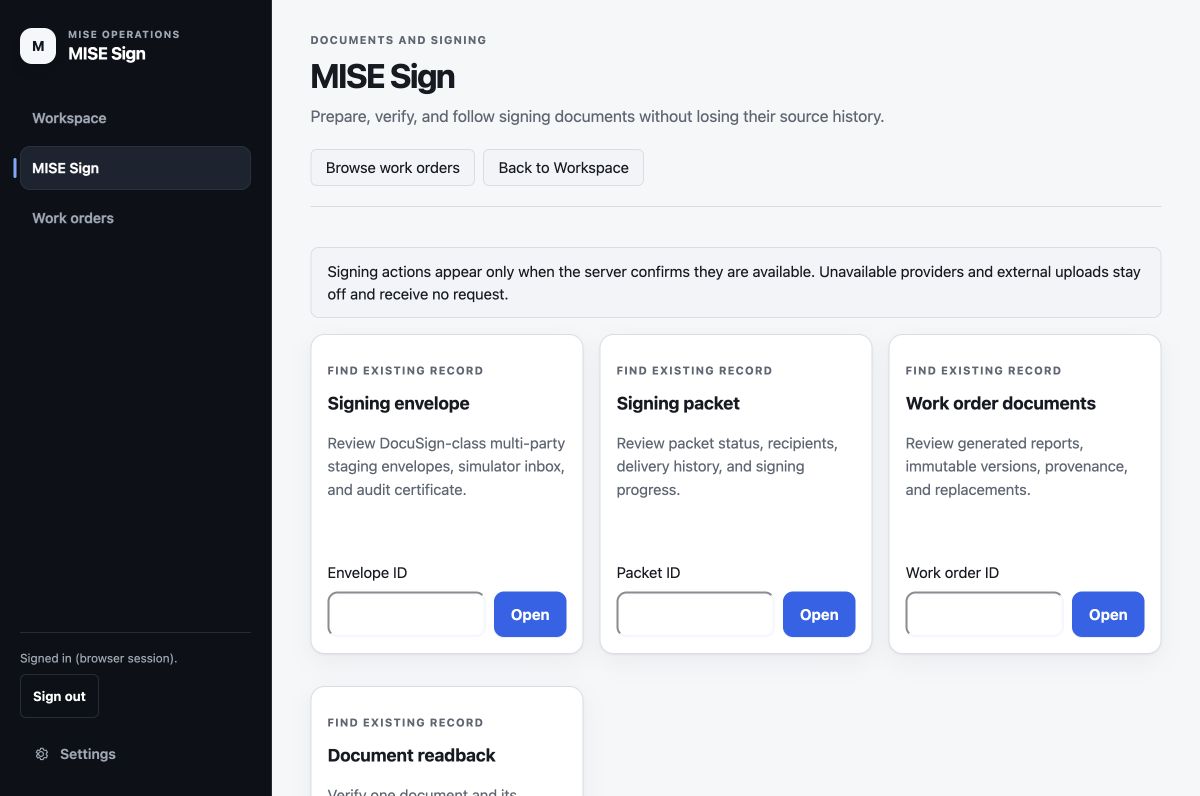 MISE Sign staging workspace with signing envelope, packet and document review tools