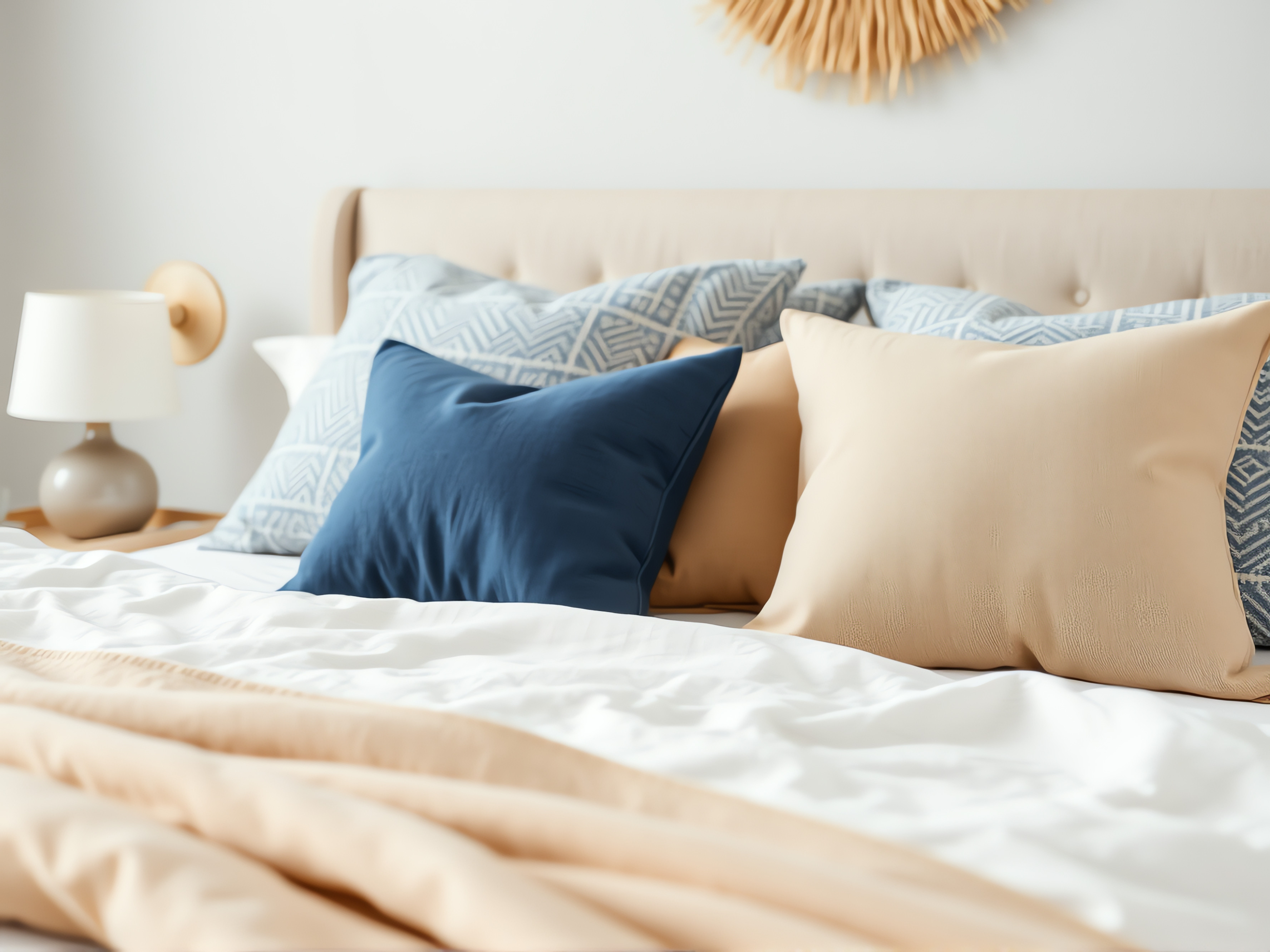 Bed with pillows stock image