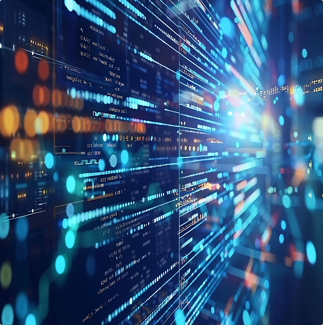 Futuristic digital data visualization showing glowing blue and orange lines, dots, and code-like text streaming towards a bright light source, representing technology and information flow.