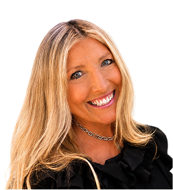 Smiling woman with long blonde hair wearing a black top and a silver chain necklace against a white background.