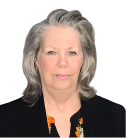Portrait of a middle-aged woman with gray hair wearing a black top with a floral pattern at the neckline, against a white background.