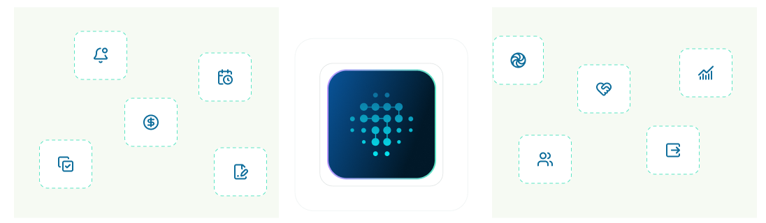 Central dark blue square with a light blue dot pattern surrounded by logos of companies malt, sun.store, Medelse., UrbanChain, and Brigad arranged around it on a black background.