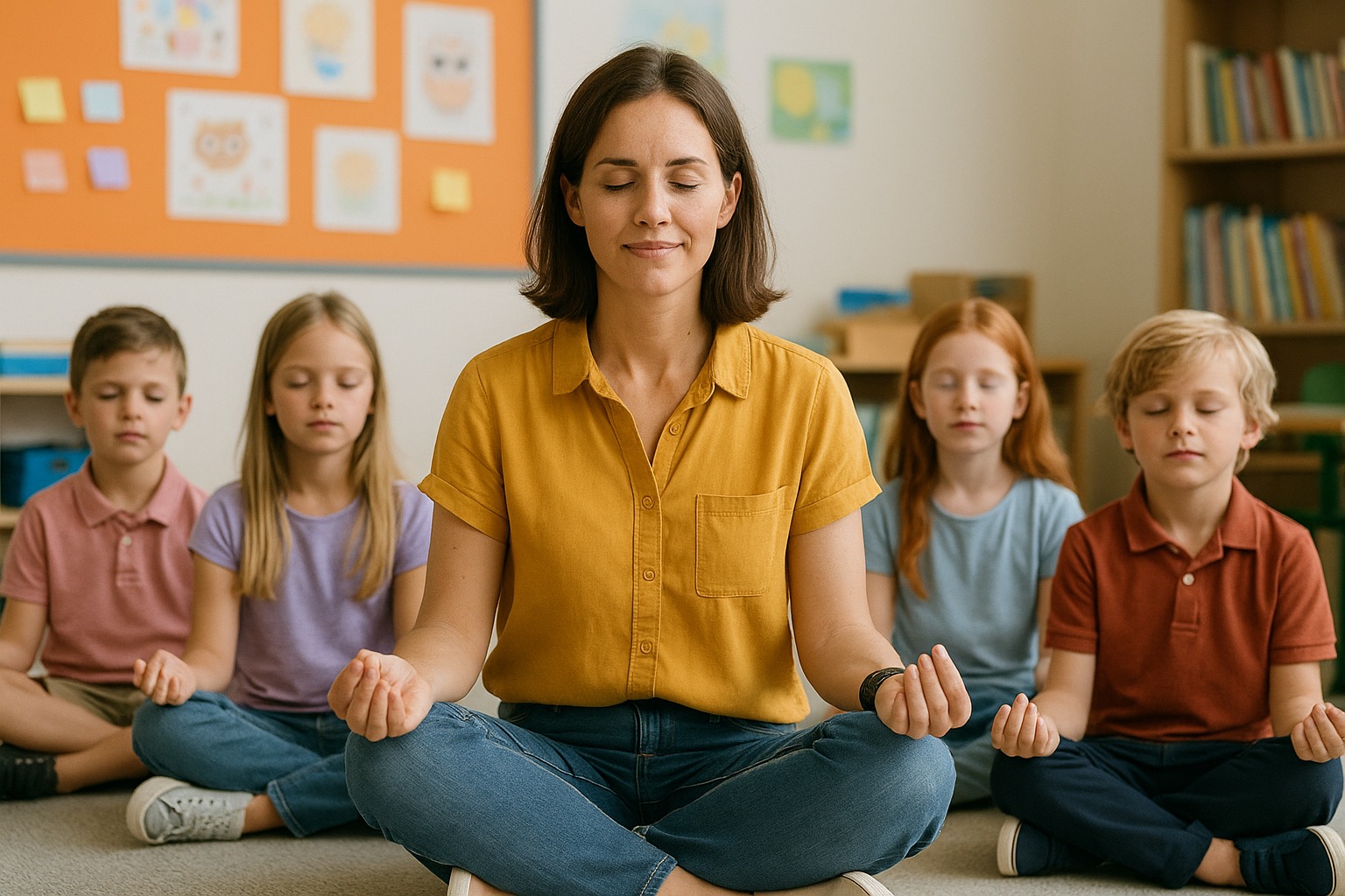 Primary school teacher guiding children through a classroom mindfulness exercise to improve focus and emotional regulation.