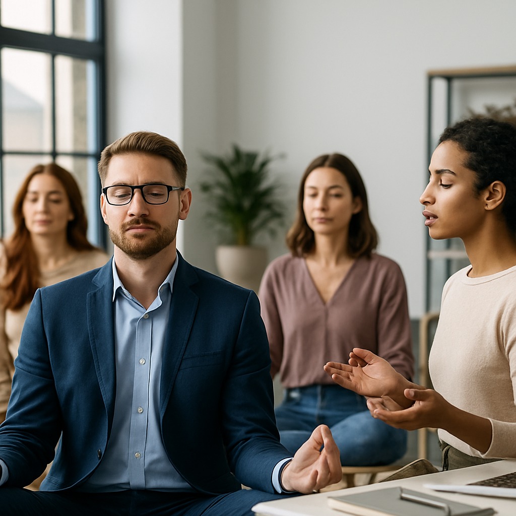 Corporate team participating in workplace mindfulness training to enhance resilience, focus and employee wellbeing.
