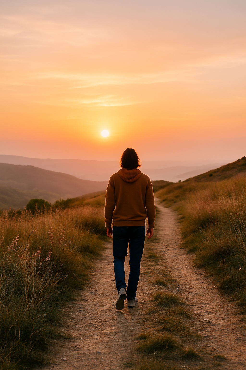 Individual engaging in mindful walking practice outdoors to cultivate presence, clarity and stress reduction.