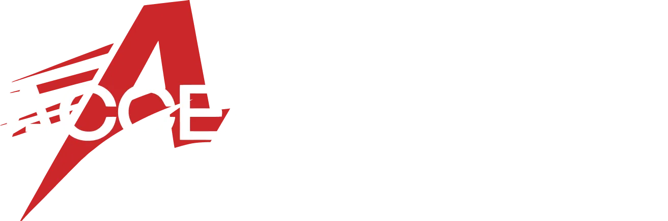 Logo Accélération, version horizontale rouge et blanc.