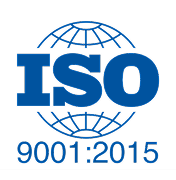 Blue ISO 9001:2015 logo with stylized globe grid behind the letters ISO.