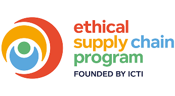 Logo of the Ethical Supply Chain Program with circular shapes in red, yellow, blue, and green and the text 'ethical supply chain program founded by ICTI'.