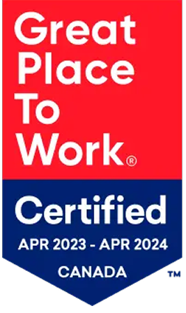 Great Place To Work Certified badge for April 2023 to April 2024, with 'CANADA' text, in red and blue colors.