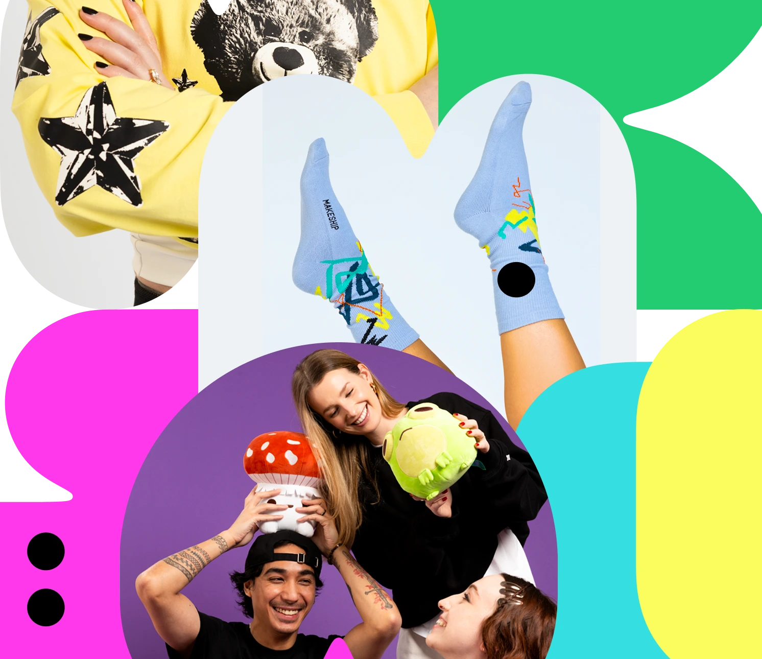 Collage of diverse young adults smiling and playing with plush toys and wearing colorful socks, against a background of bright abstract shapes.