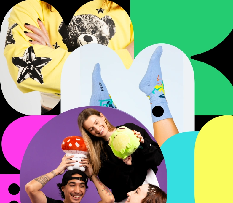 Collage of three photographs featuring vibrant colors: top left shows a person in a yellow sweatshirt with a teddy bear print and black star designs; top center shows a pair of legs wearing light blue socks with colorful text and graphics; bottom center shows three smiling people, one holding a red mushroom plush and another holding a green frog plush, against a purple background.