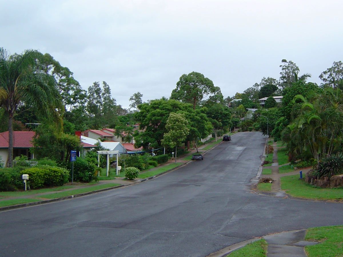 A sloping suburban Brisbane street with houses set among established trees