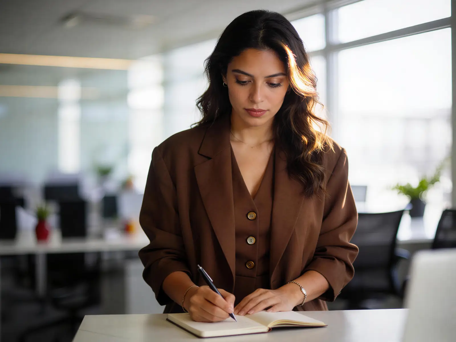 A businesswoman focused on writing at her desk