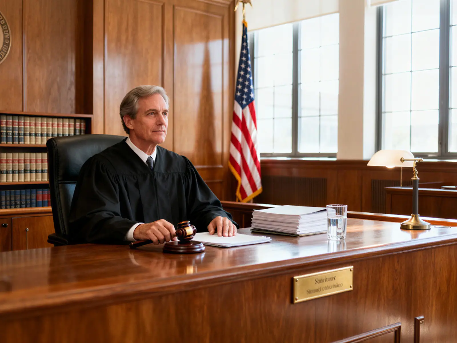 A judge presiding in a courtroom