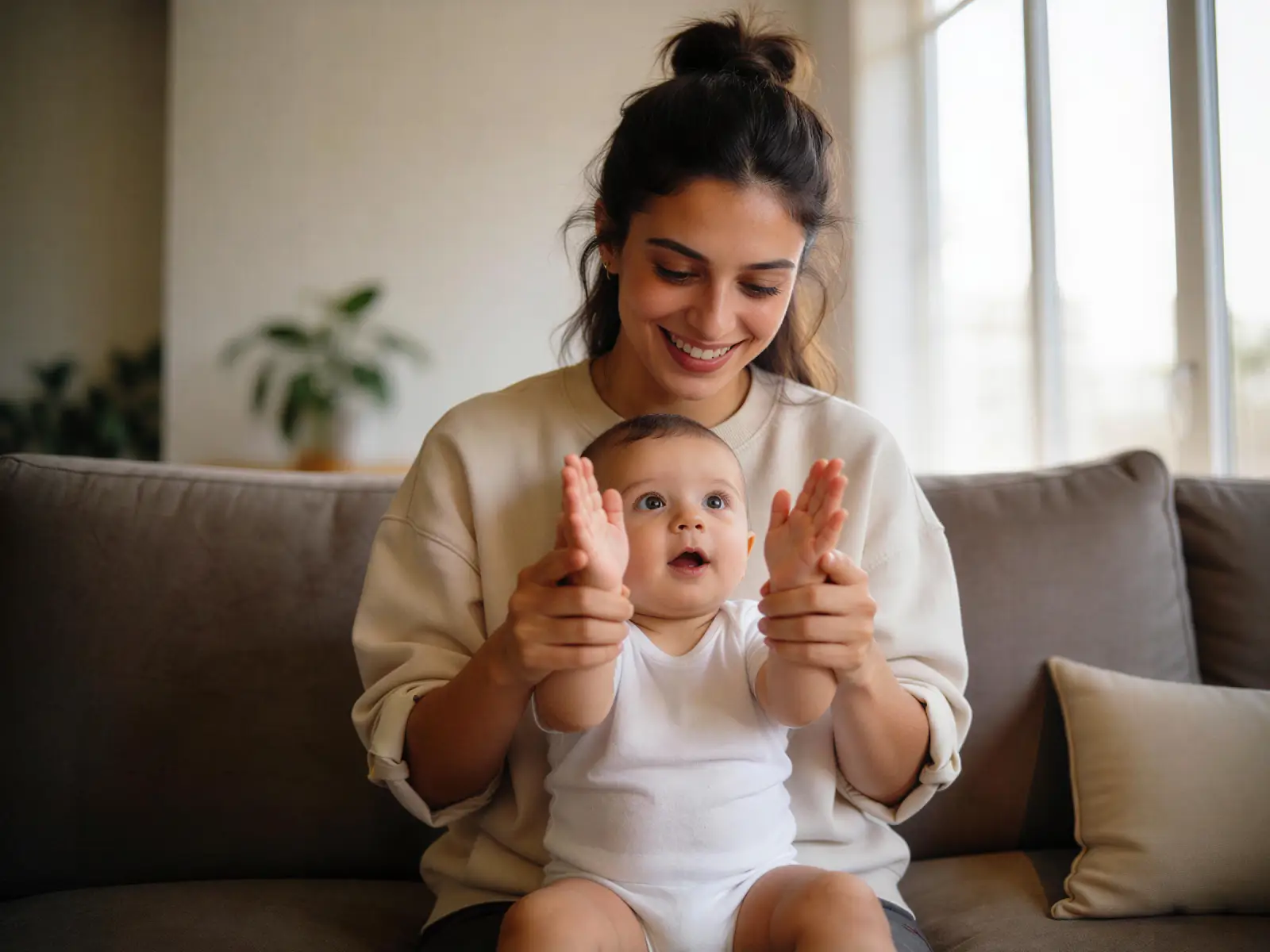 A mother holding and bonding with her baby