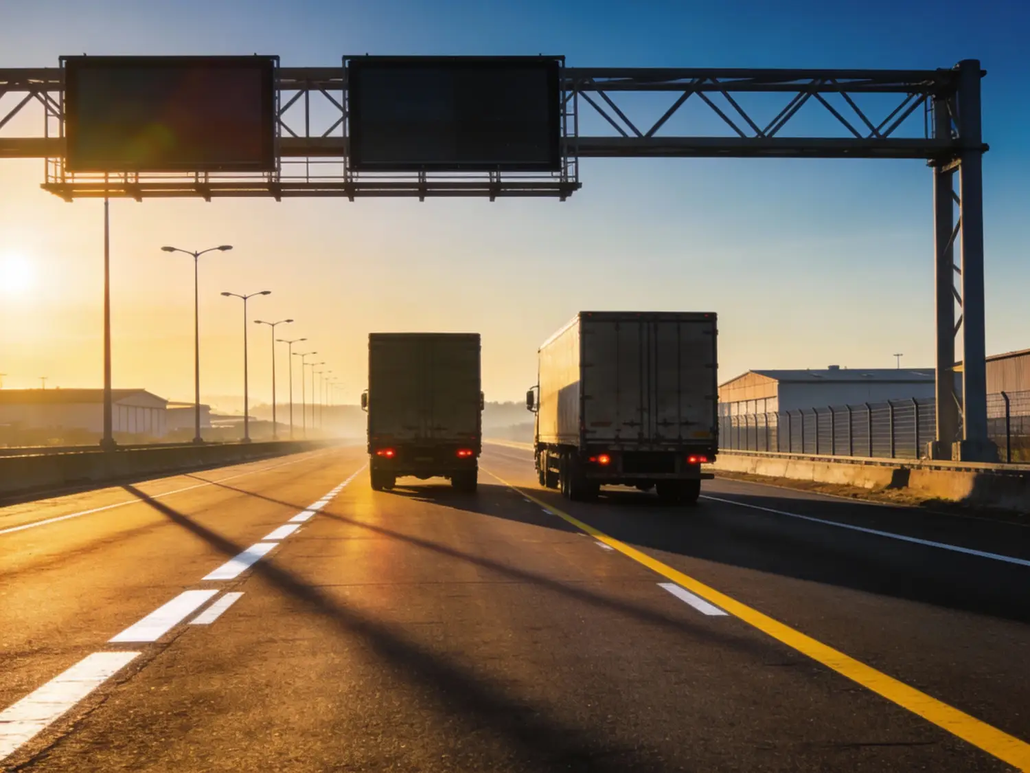 Trucks on a highway at sunset