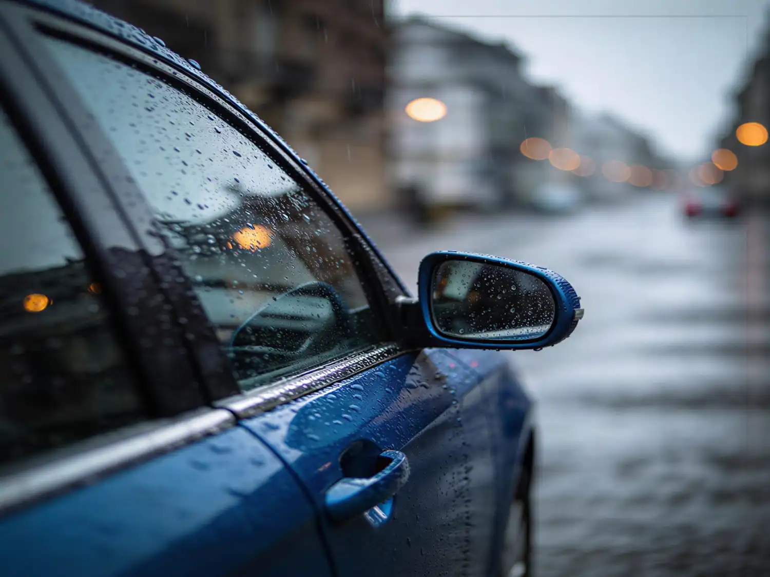 Raindrops covering a car side mirror after a collision