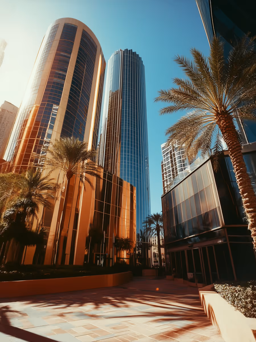 Sunlit modern skyscrapers with reflective glass facades and palm trees casting shadows on the pavement.