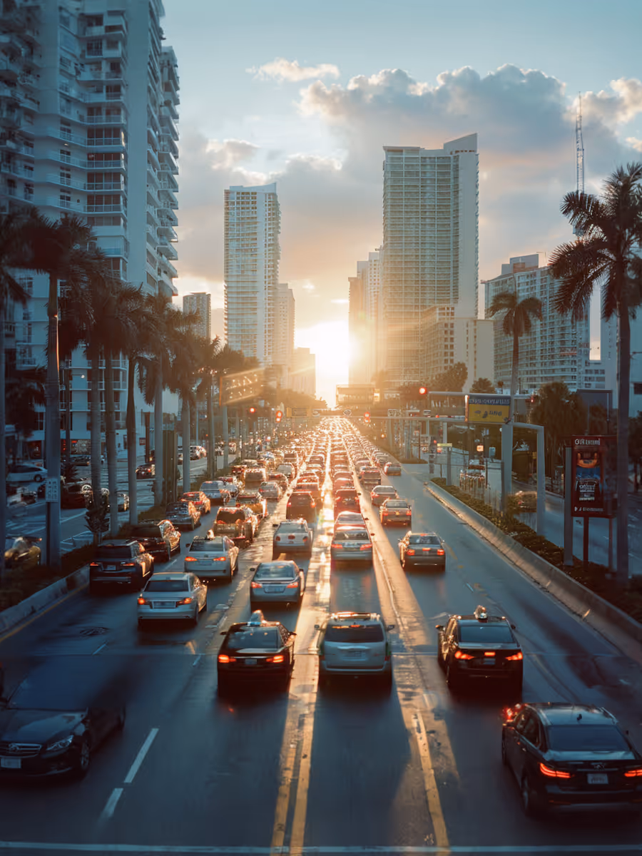 Heavy traffic on city street at sunset with sun glowing between tall buildings and palm trees.