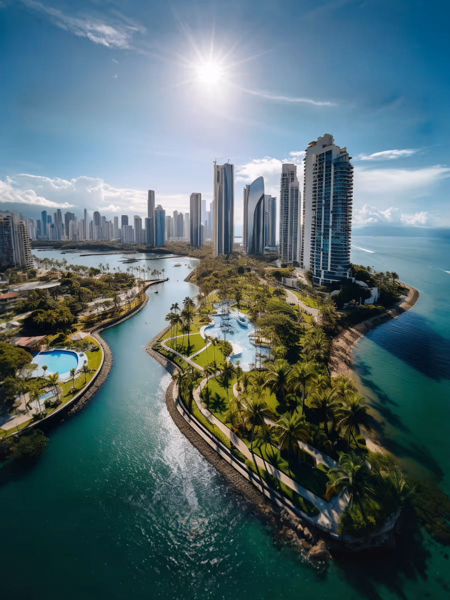 Aerial view of a coastal cityscape with skyscrapers, green parks, and blue water under a bright sun.