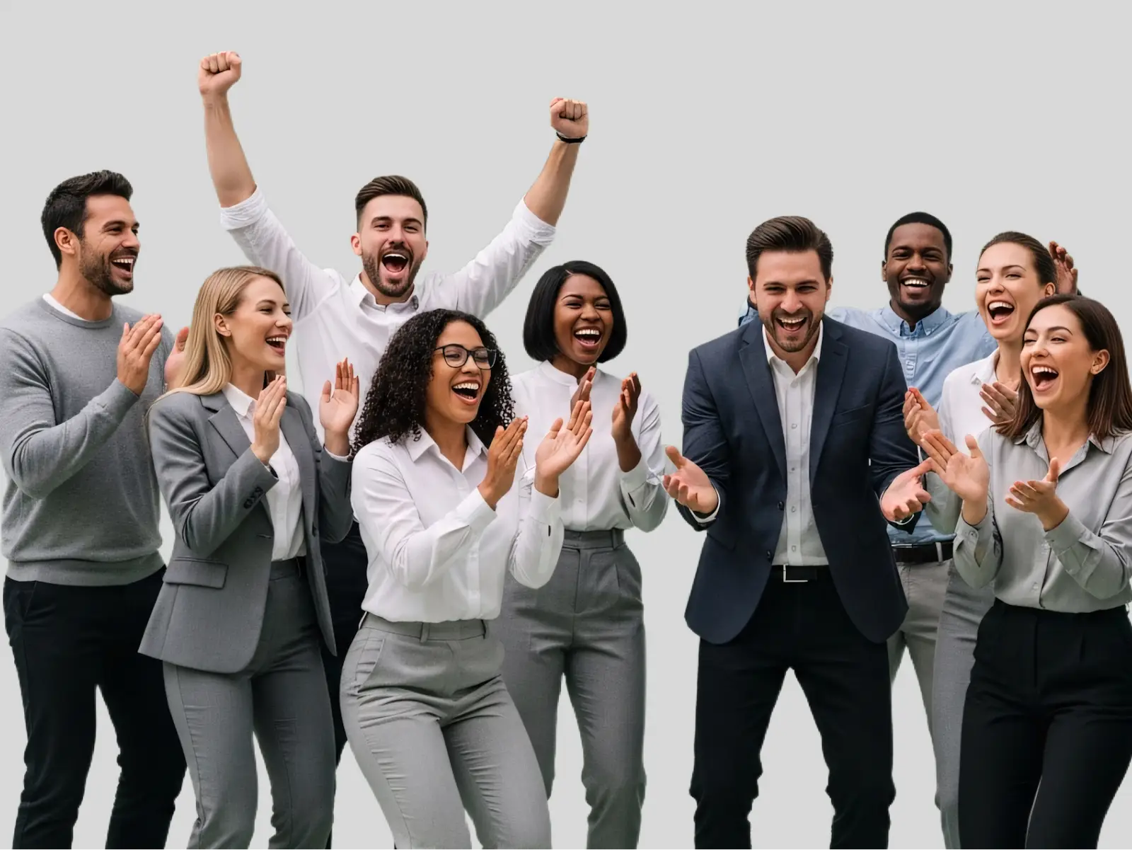 Diverse group of professionals smiling, clapping, and cheering in business attire on a gray background.