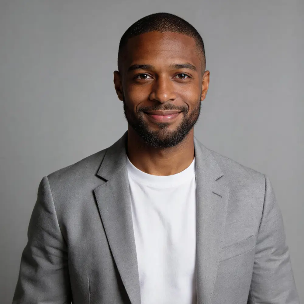 Smiling man with short hair and beard wearing a gray blazer and white shirt against a gray background.