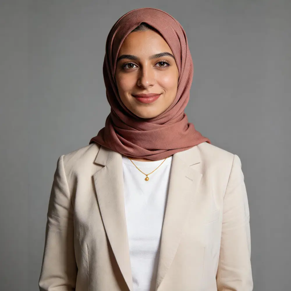 Young woman with a mauve hijab wearing a cream blazer and white shirt smiling against gray background.