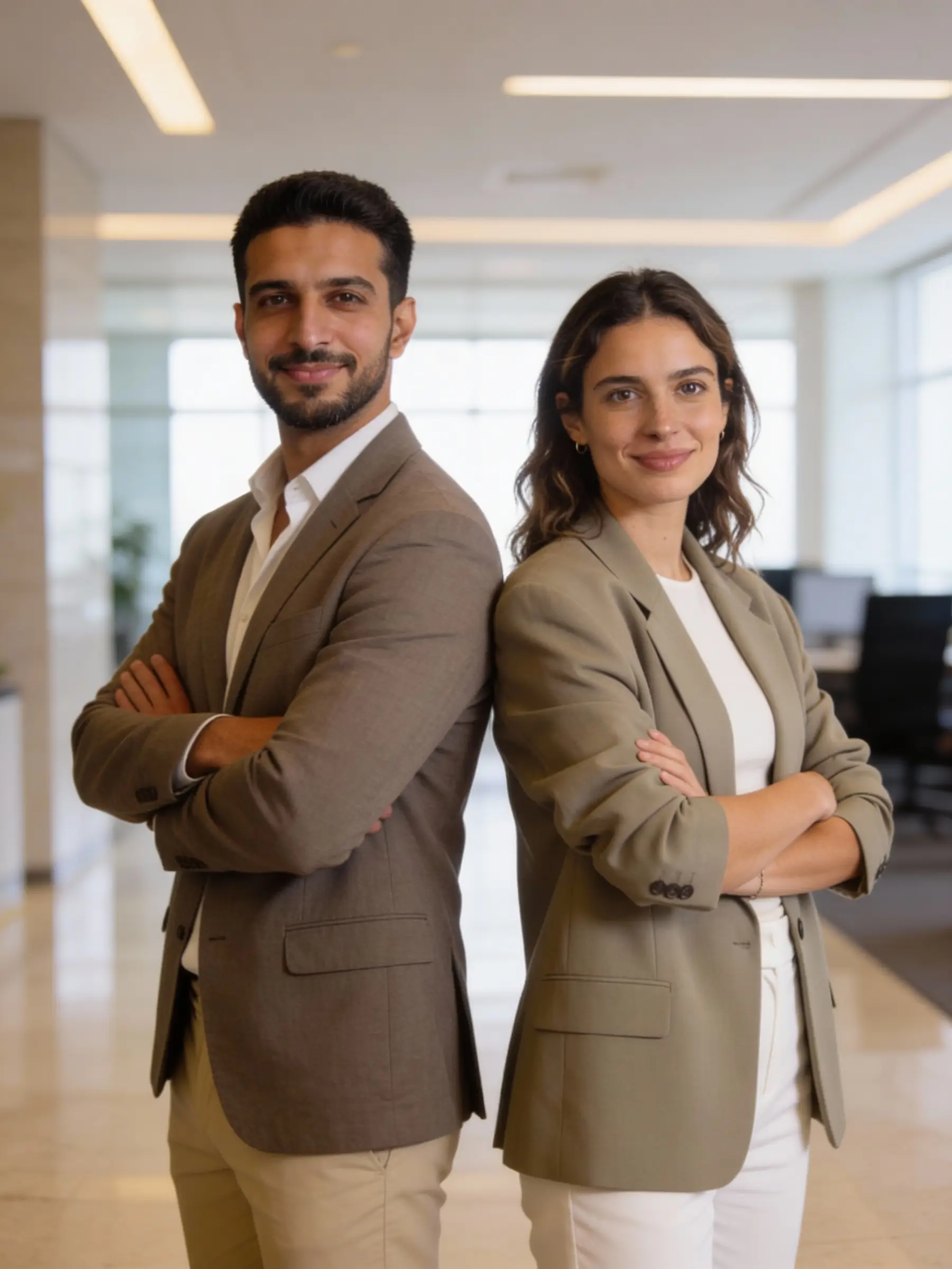 Smiling man and woman in business attire standing back to back with arms crossed in office.