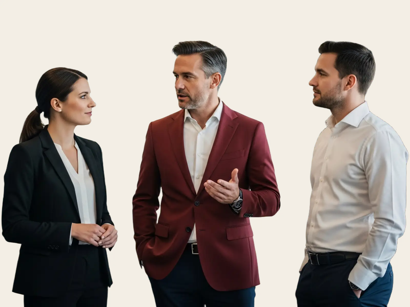 Three businesspeople standing and engaged in conversation against a plain brown background.